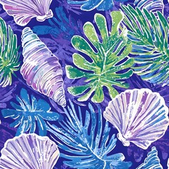 Seashells seamless pattern in shades of blue, purple, green, and white 
