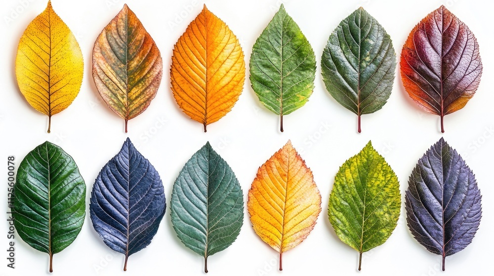 Poster a collection of colorful leaves arranged on a white background