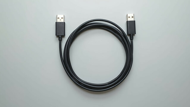 A single USB cable neatly coiled in a circular pattern, placed on a plain gray background, highlighting its simplicity and functionality.

