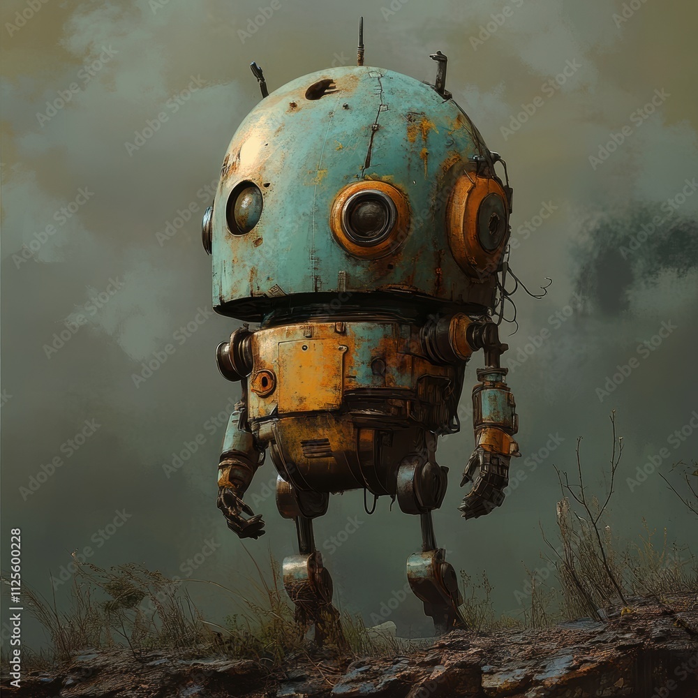 Poster vintage robot exploring a dystopian landscape with rustic surfaces and overgrown flora, featuring ru