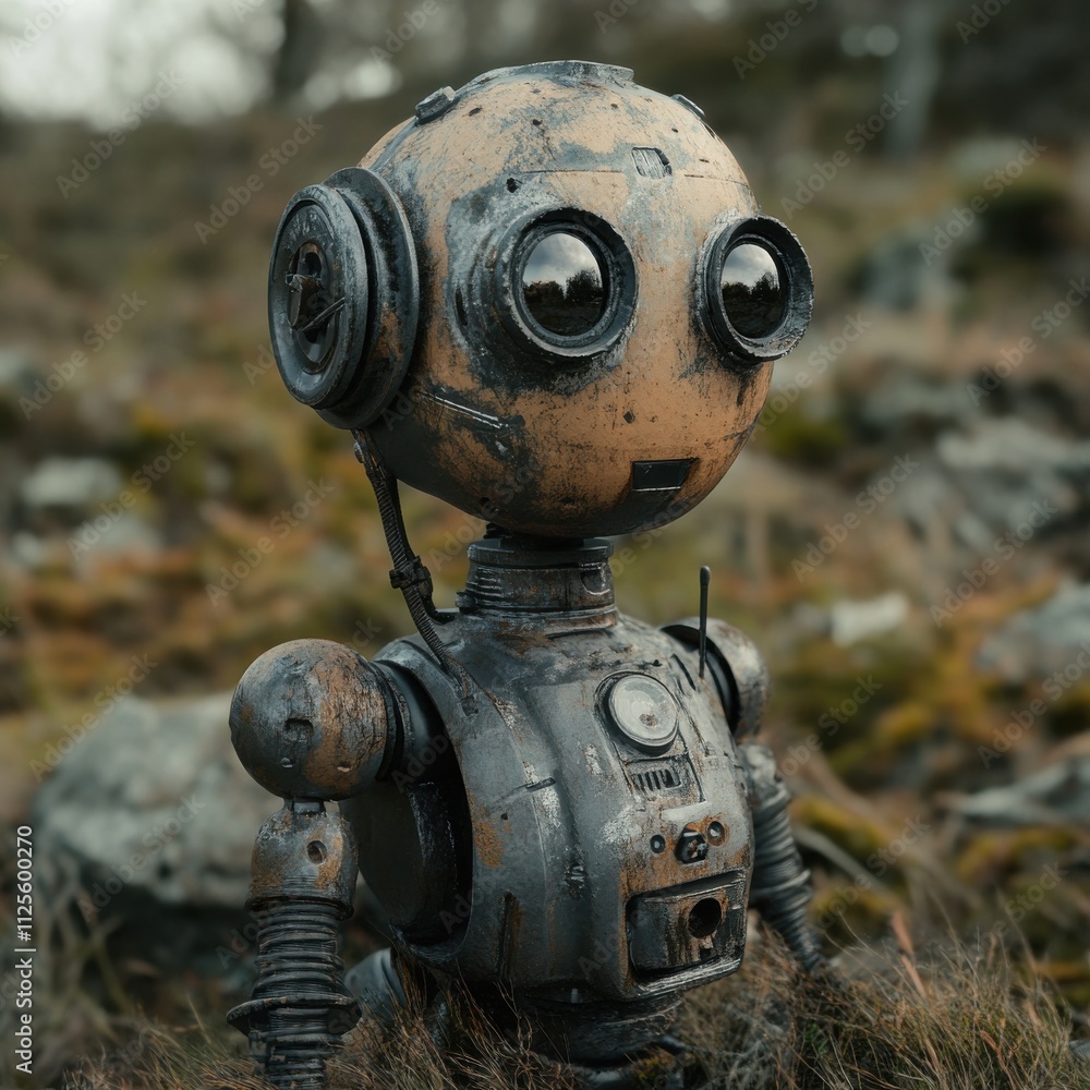 Poster vintage robot character in natural landscape surrounded by moss and rocks, evoking nostalgia and whi