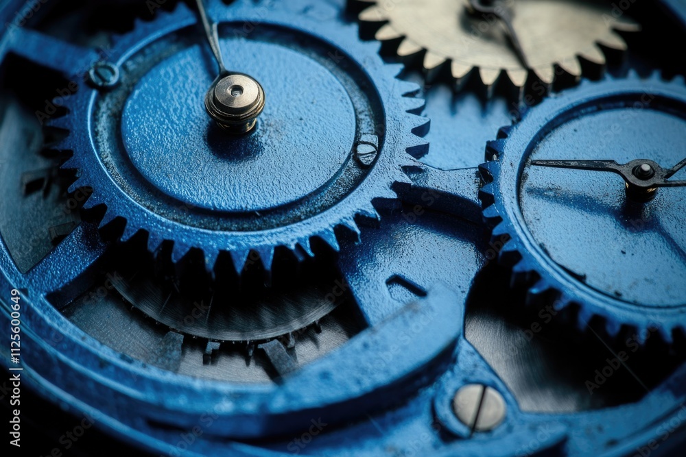 Poster close-up view of intricate clock gears in shades of blue, suitable for use in designs about time, te