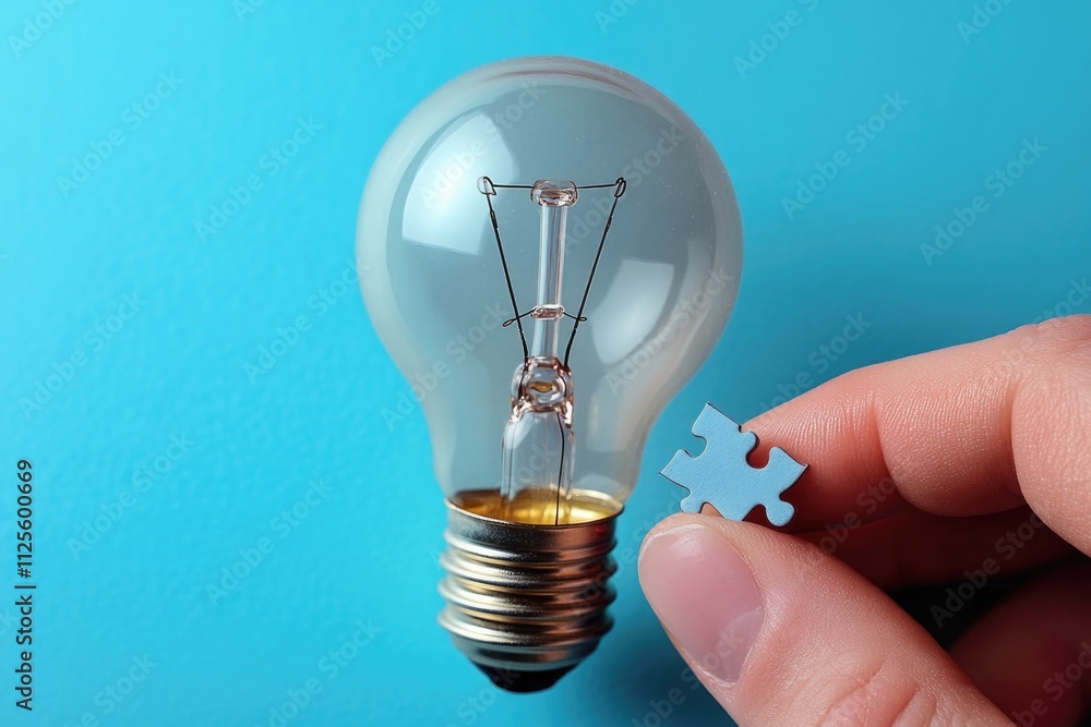 Poster a person holds a puzzle piece in front of a light bulb, symbolizing connection and understanding