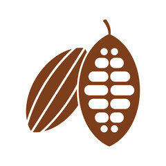 Cocoa beans with pod isolated on a white background vector illustration. Cocoa pod. Fresh cocoa fruit, half sliced cacao pod with cacao beans inside. Trendy Flat logo. EPS 10 
