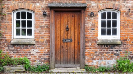Fototapeta premium Rustic Wooden Door with Two Windows on Brick Wall Exterior