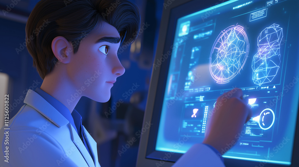 Poster young scientist wearing lab coat using futuristic touchscreen to analyze brain scan data, working la