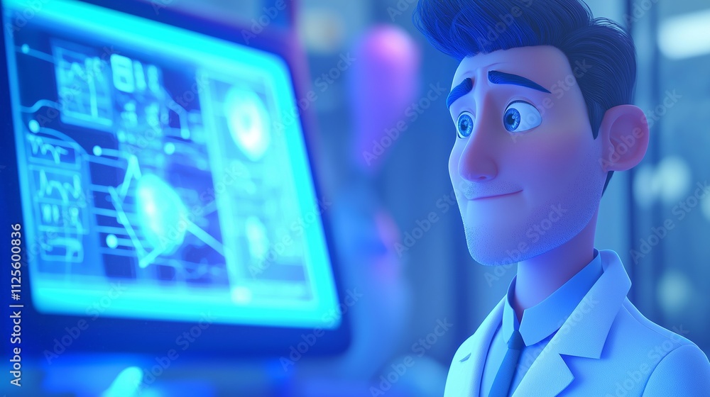 Poster scientist analyzing complex data visualizations on a futuristic computer screen in a laboratory, hig