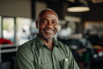 Obraz premium Portrait of a middle aged African American car mechanic in workshop