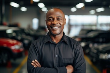 Obraz premium Portrait of a middle aged African American car mechanic in workshop