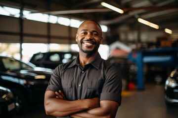 Portrait of a middle aged African American car mechanic in workshop