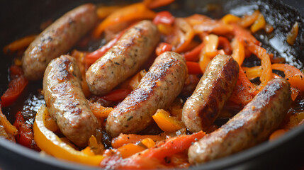 Fototapeta premium Sweet potato and sausage skillet with bell peppers.