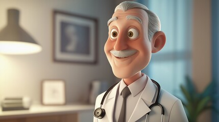 Friendly cartoon doctor smiling warmly in a brightly lit medical office, radiating trust and professionalism while promoting a comforting atmosphere in healthcare and patient care