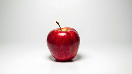 A single shiny red apple placed at the center of a stark white surface, showcasing its vibrant color and smooth texture under soft lighting.

