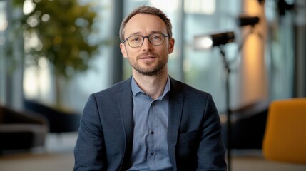 Fototapeta premium A professional recording session takes place in a contemporary television studio with a focus on media technology and communication strategies. Generative AI
