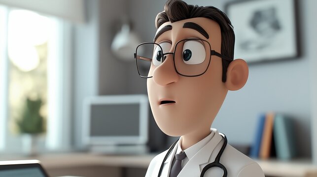 3d rendered cartoon doctor with glasses and a stethoscope is shown looking surprised in a medical office, with computers, books, and a window in the background