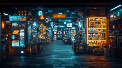 A digital marketplace scene with 2D holographic signs displaying prices and products alongside realistic 3D shelves