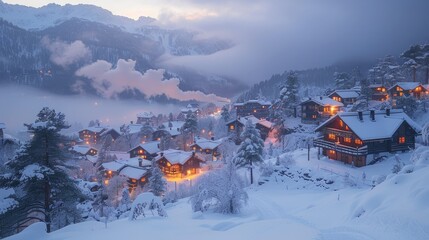 Snowy mountain village at twilight, cozy houses with warm lights, winter landscape.