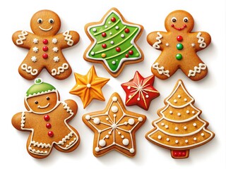 Fototapeta premium Adorable gingerbread cookies perfect for Christmas, featuring charming designs captured in macro photography on a pristine white background, ideal for holiday crafts and decorations.