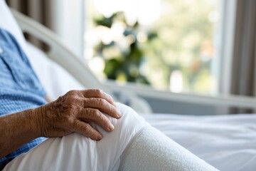 Obraz premium An elderly person's hand rests on their knee, revealing the natural signs of aging and evoking feelings of care and reflection in a serene home environment.