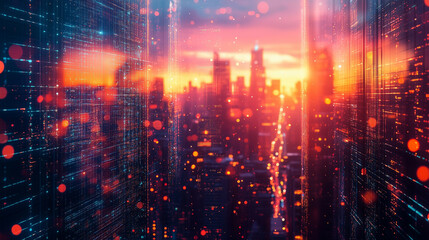A futuristic cityscape where 2D holographic advertisements blend seamlessly with 3D architectural structures
