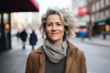 Fototapeta premium Portrait of a smiling middle aged American woman in city