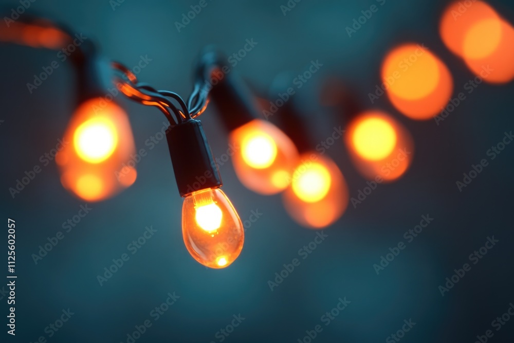 Poster string of light bulbs hung from a ceiling