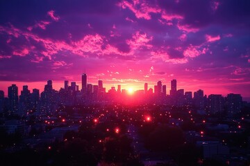 Fototapeta premium A city skyline at sunset with orange and pink hues