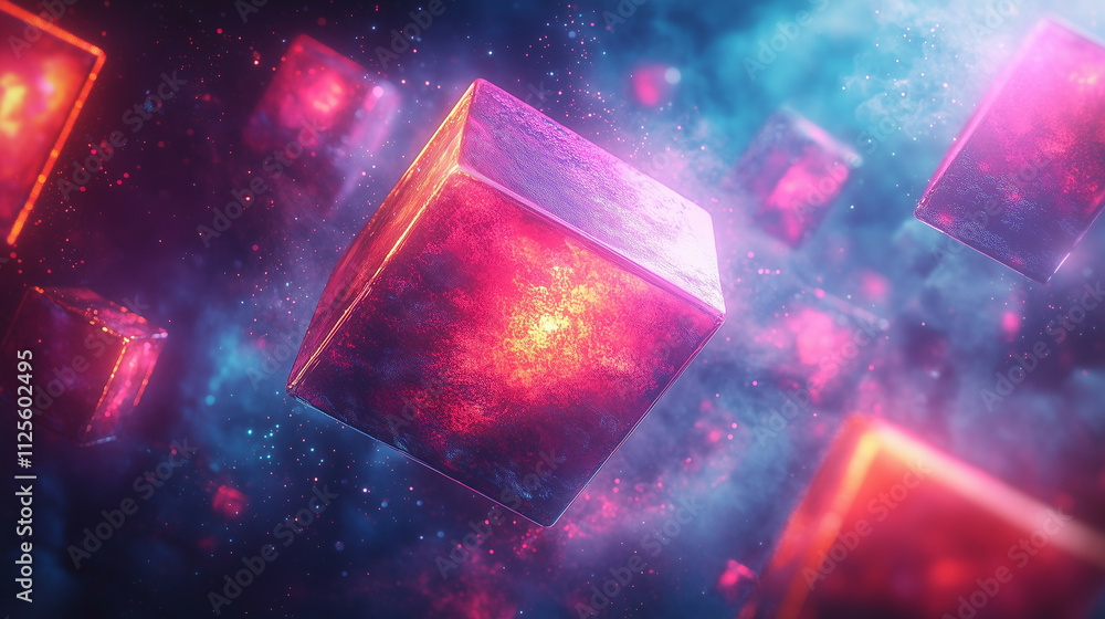Poster a surreal composition of floating geometric shapes with metallic textures and glowing neon edges; a 