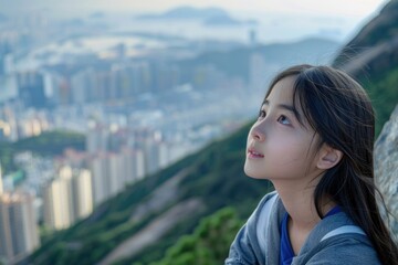 Woman gazing up at the sky with a cityscape in the background, perfect for use in concepts about urban life, observation, or introspection