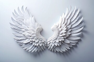 Fototapeta premium Aerial view of minimalist paper-cut 3D white angel wings perfect for Valentine's Day greeting cards, showcasing elegance and love in a unique design.
