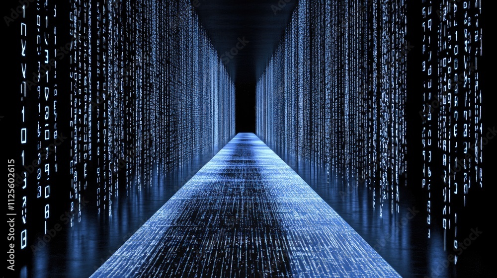 Poster futuristic data stream corridor with binary code and neon glow