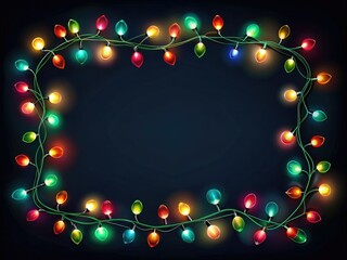 A festive border of Christmas lights creates a decorative garland frame for holiday decor, offering ample copy space against a dark background for seasonal greetings.