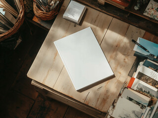 A top-down view of a white magazine lying on a wooden table in a small store. magazine and book mockup