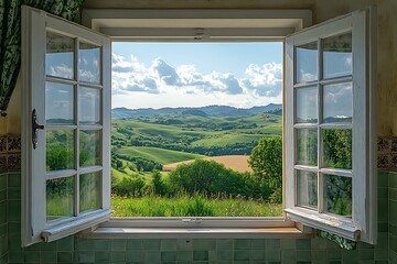 A picturesque view of rolling hills through an open window.