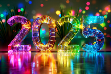 Dazzling rainbow transparent inscription shows new year 2025 reflecting bright colors and light