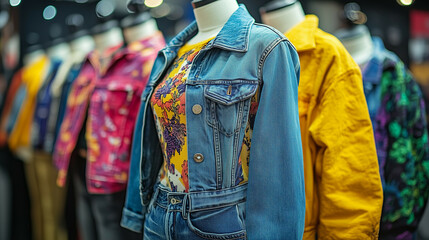 Obraz premium A vibrant mix of vintage and modern fashion displayed on mannequins