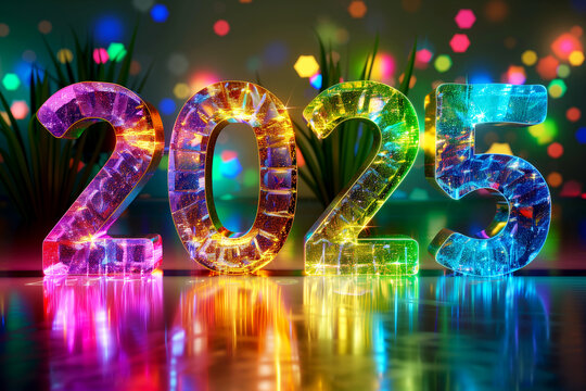 Dazzling rainbow transparent inscription shows new year 2025 reflecting bright colors and light