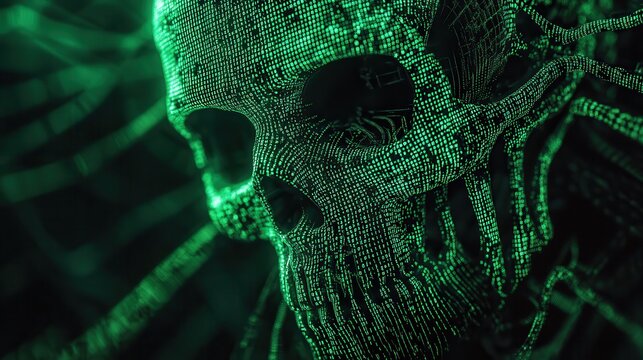 A close-up digital artwork of a neon green skull constructed from glowing matrix-style binary code, set against a pitch-black background, with intricate details of the code flowing and forming the con