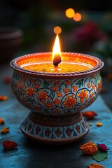 A lit candle sits atop a blue table