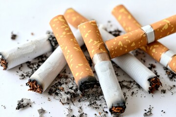 Pile of cigarettes on a white surface, possibly for display or use in a creative project