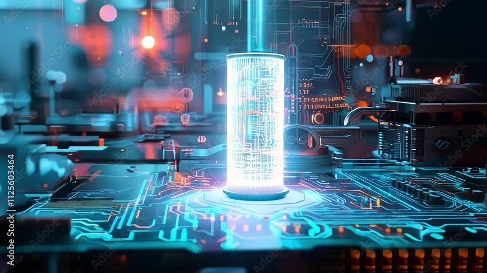 Poster futuristic quantum computing processor is running complex calculations with data flowing through its