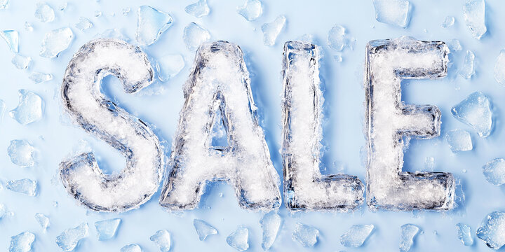Frozen transparent ice word SALE on light blue background symbolizing seasonal winter promotion