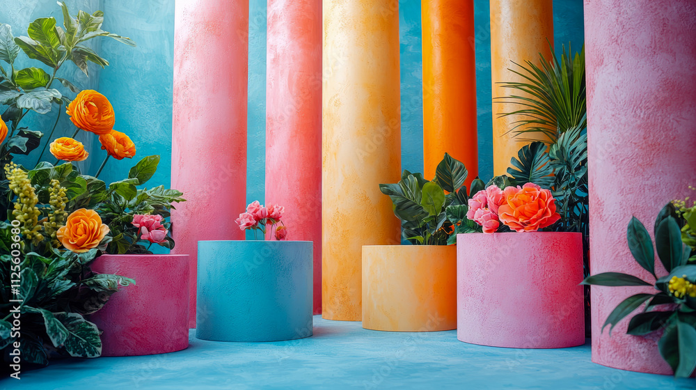 Poster vibrant floral display with colorful cylindrical columns in bright space