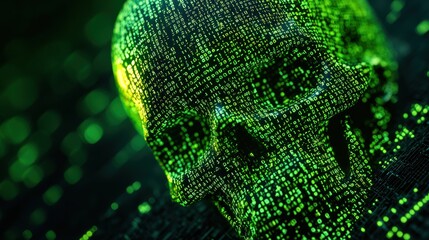 A close-up digital artwork of a neon green skull constructed from glowing matrix-style binary code, set against a pitch-black background, with intricate details of the code flowing and forming the con