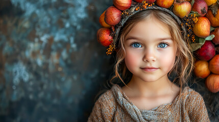 Young caucasian girl with apple headdress and blue eyes against rustic background