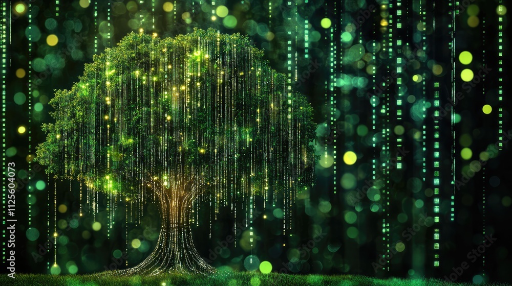 Poster lush green tree surrounded by digital data streams and bokeh lights