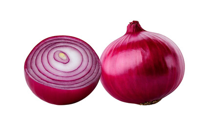 Vibrant Red Onion: A Close-Up View of a Halved and Whole Red Onion Against a Black Background, Highlighting its Rich Color and Layered Texture