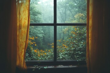 A window with a bright yellow curtain and yellow flowers, suitable for interior design or decoration