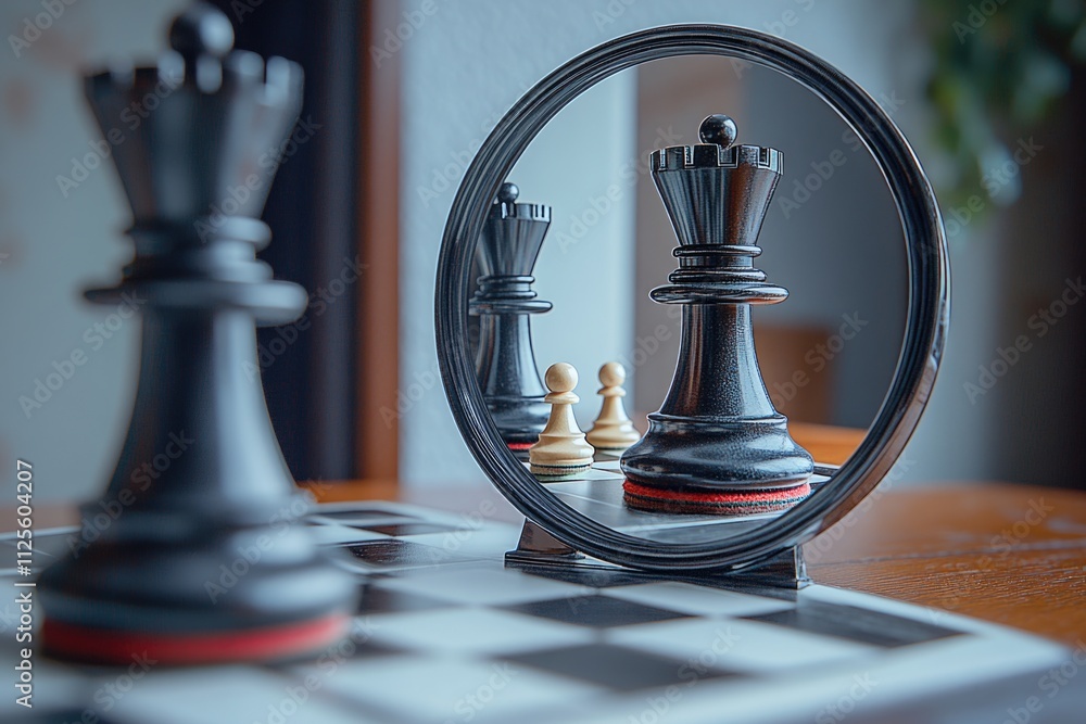 Poster a chess board with chess pieces placed in front of a mirror, providing a reflective perspective