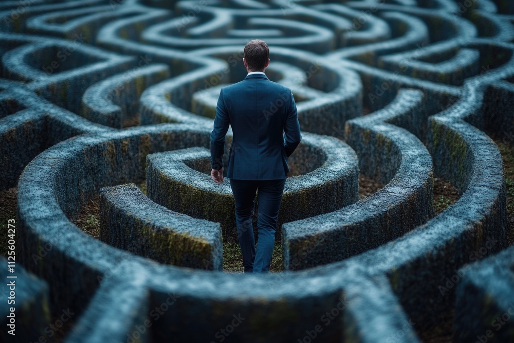 Poster a professional dressed in formal attire walks through a complex maze, representing the challenges of